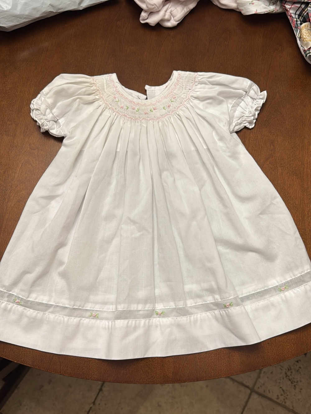 Petit Ami White Smocked Dress with Pink & Green Floral Detail